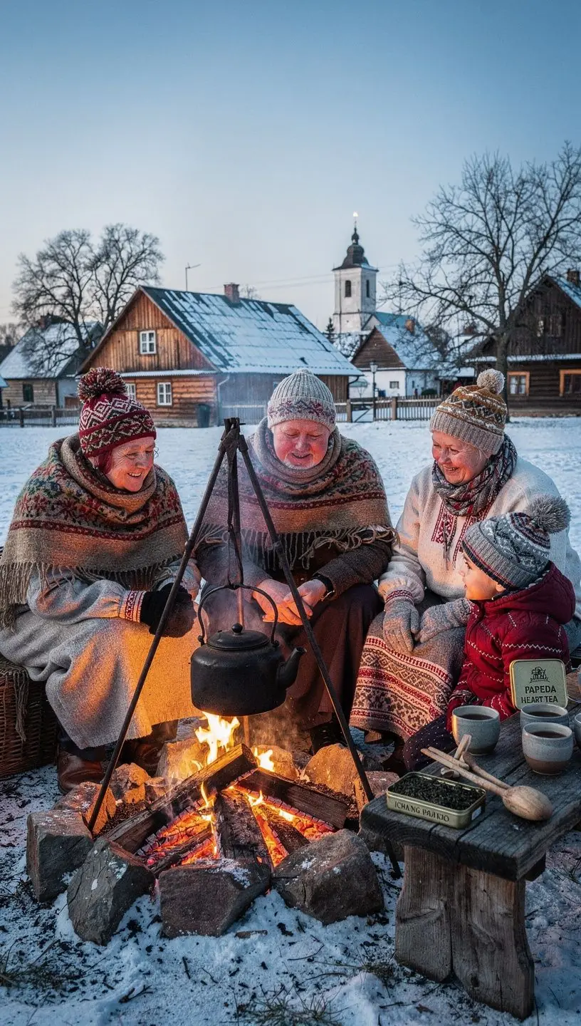 Raminanti arbatos akimirka su senoviniu kinų peizažu fone.