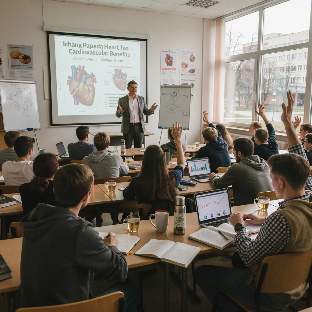 Ichang Papeda širdies arbatos puodelis ant medinio stalo.
